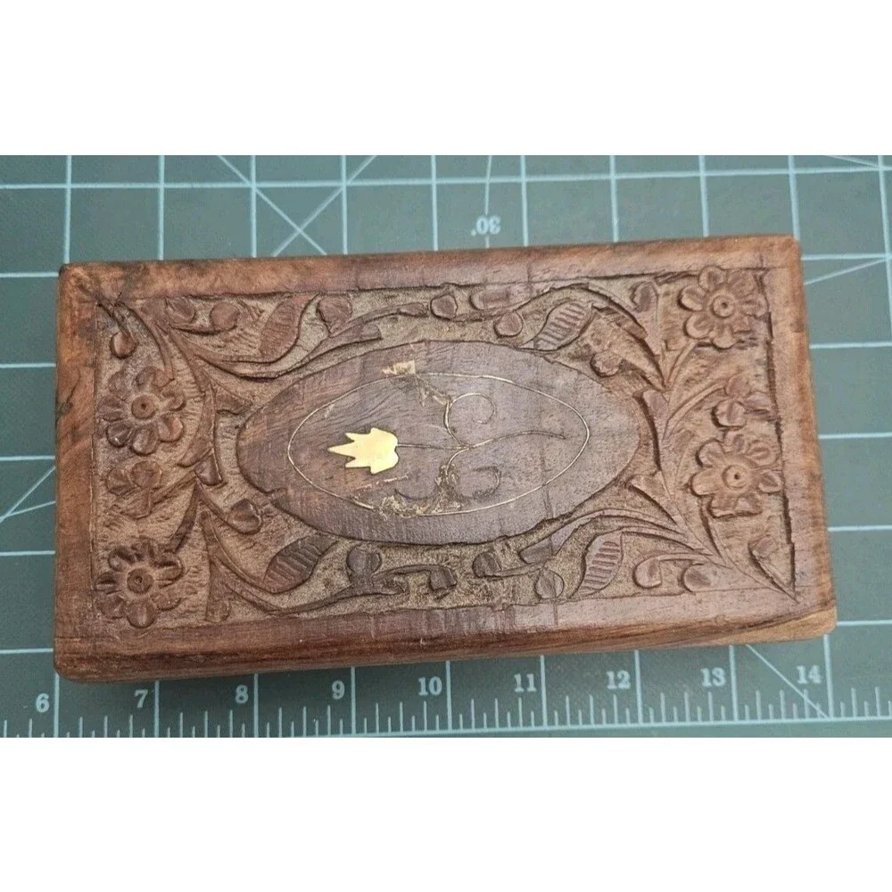 Vintage Carved Wooden Box Velvet Lined